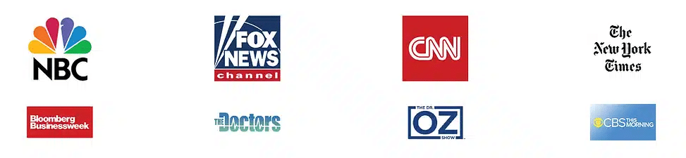 Logos of major media outlets including NBC, Fox News Channel, CNN, The New York Times, Bloomberg Businessweek, The Doctors, The Dr. Oz Show, and CBS This Morning, highlighting media recognition of PA Medical Weight Loss clinic.