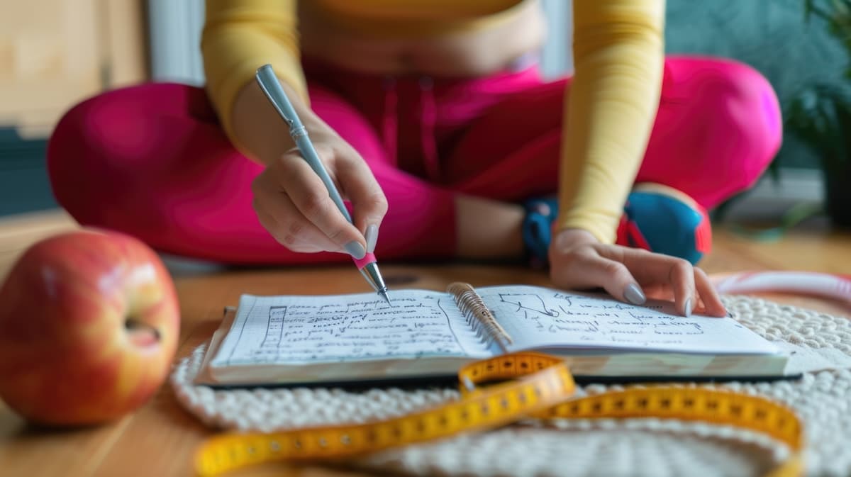 Woman writing in a notebook about weight loss goals, with an apple and measuring tape nearby, symbolizing a balanced approach to health and fitness.