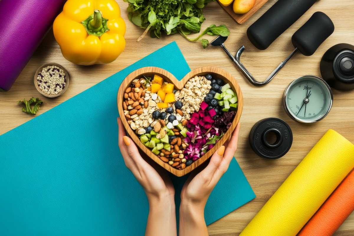 Heart-shaped bowl filled with colorful fruits, nuts, and grains, surrounded by fitness equipment and healthy ingredients, illustrating the connection between nutrition and weight loss.